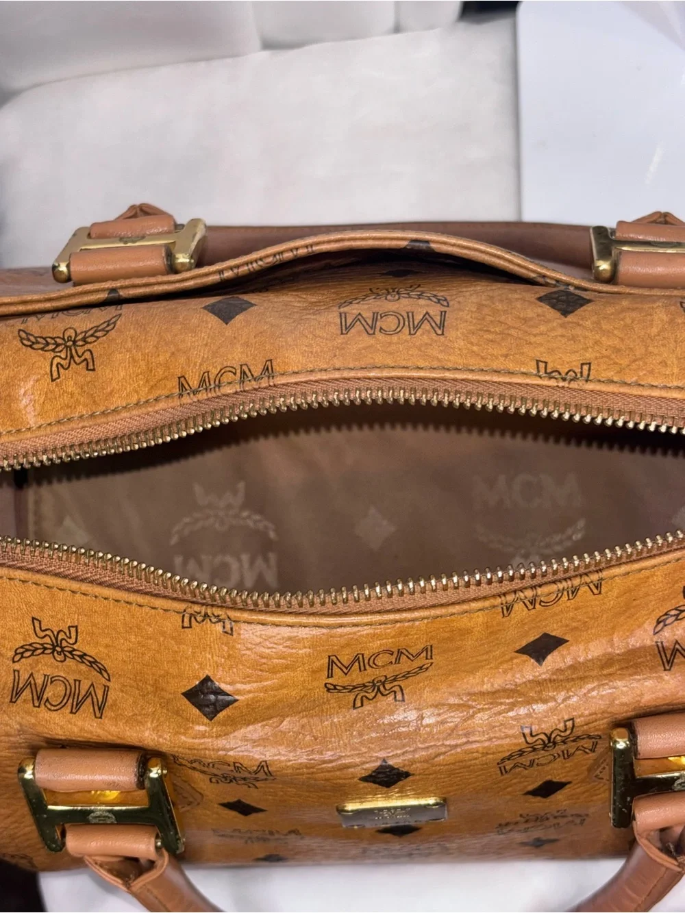 Vintage MCM Cognac Visetos Boston Bag Satchel with Shoulder Strap